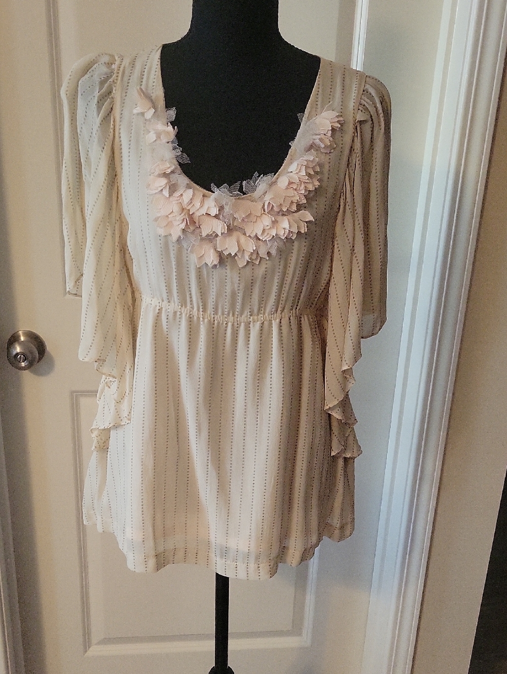 Trinity Cream Stripe Floral-Trim Tunic Top